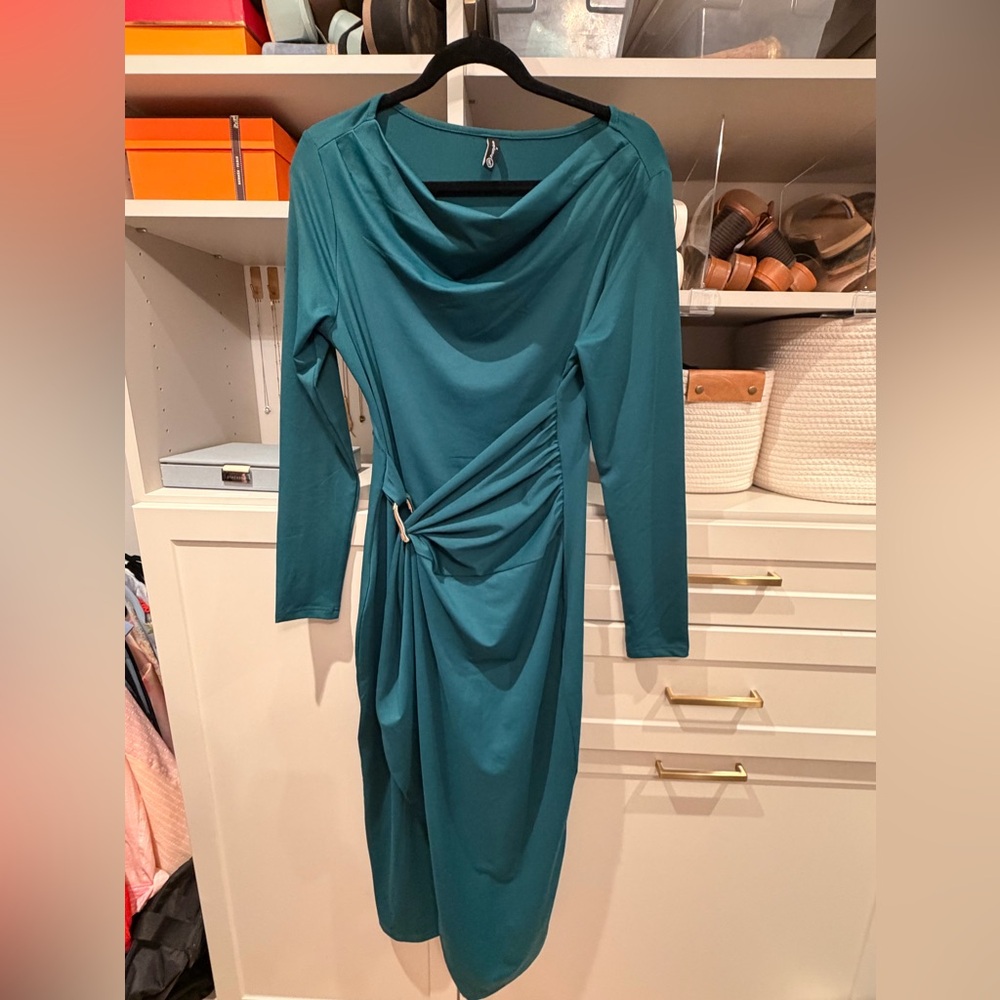 Elegant Teal Draped Dress with Gold Buckle Detail (brand new)